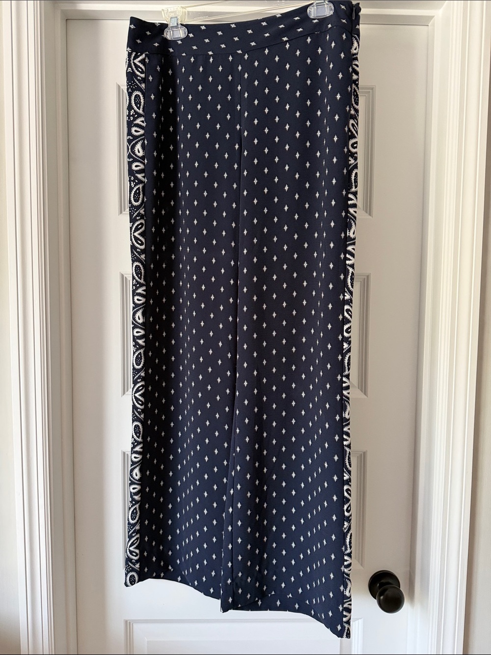 CAbi Navy pants with White Geo Side Trim